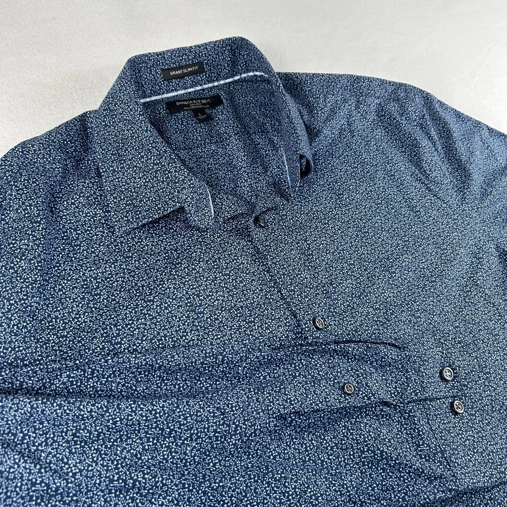 Banana Republic Dress Shirt Mens 16-16.5 L Blue Floral Slim Non Iron Stretch